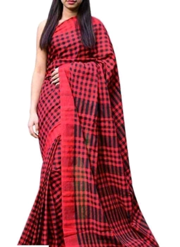 Handloom  Checked  Cotton Saree With Separate   Same louse Peace -  Pink